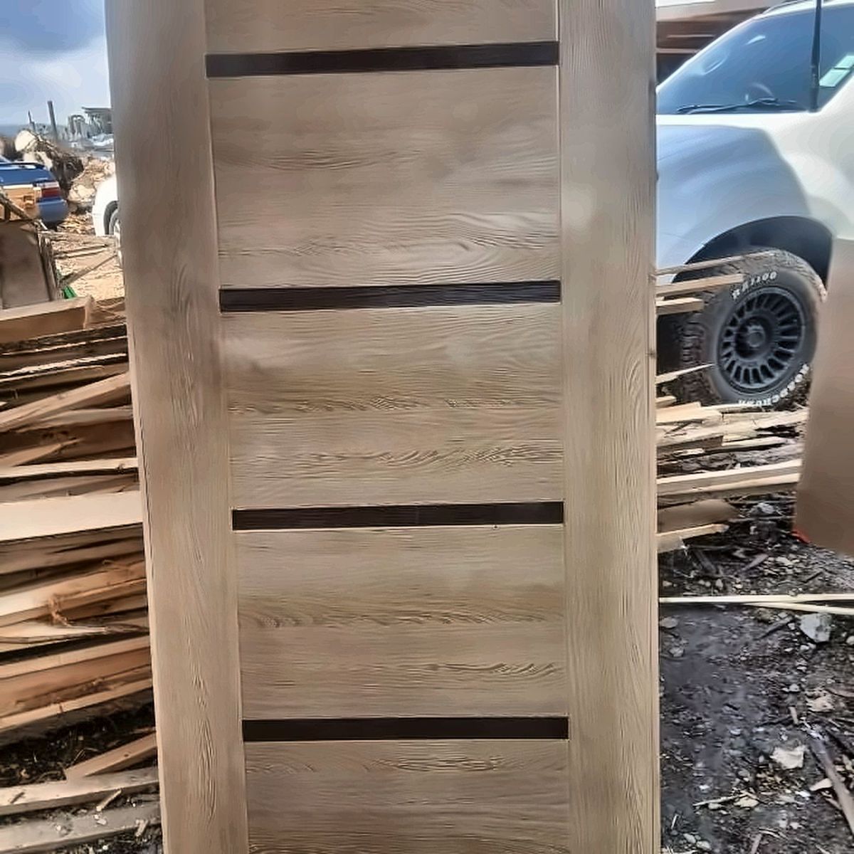 Light oak-finish flush door with dark inlay strips, standing in the yard